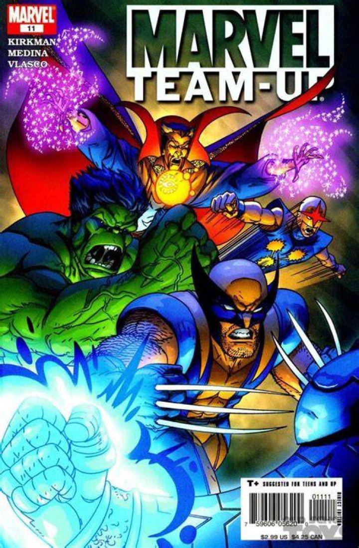 Marvel Team Up Volume 3 14 showing Invincible and Spider-Man flying through New York