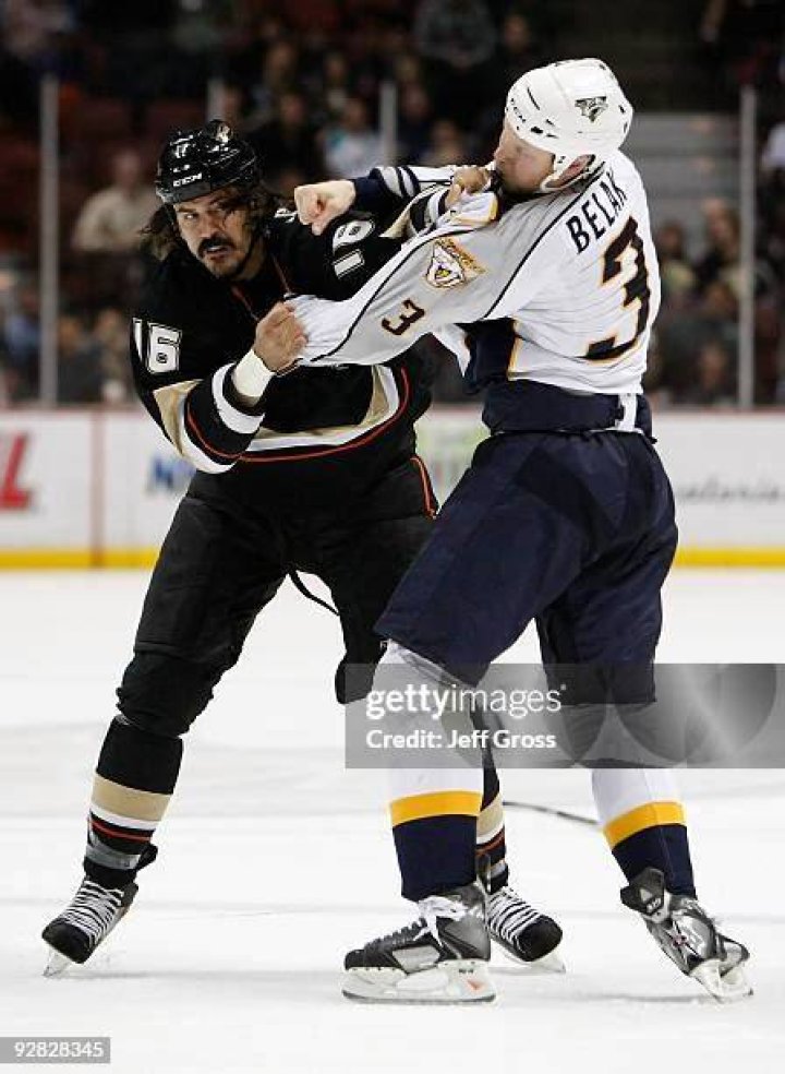 Wade Belak and George Parros during a fight